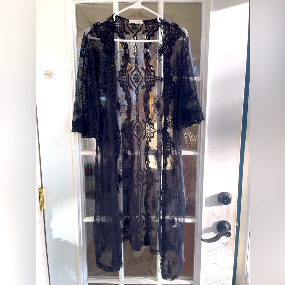 Black lace cover up, perfect over a sundress or bathing suit!